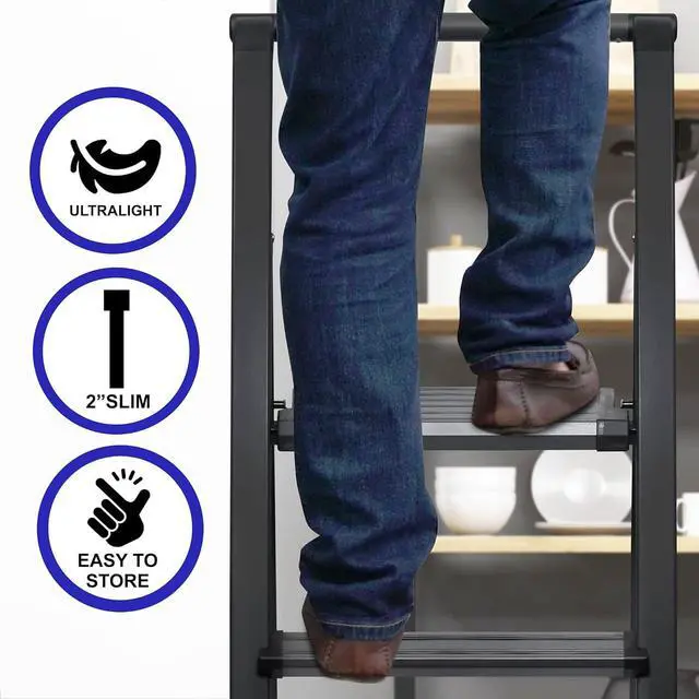 Alt view image 3 of 5 - Step Ladder 3 Step Folding, Decorative - Modern Beautiful Grey Aluminum, Ultra Slim Profile, Anti Slip Steps, Sturdy-Portable for Home, Office, Kitchen, Photography Use,by SORFEY