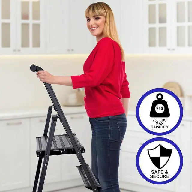 Alt view image 4 of 5 - Step Ladder 3 Step Folding, Decorative - Modern Beautiful Grey Aluminum, Ultra Slim Profile, Anti Slip Steps, Sturdy-Portable for Home, Office, Kitchen, Photography Use,by SORFEY