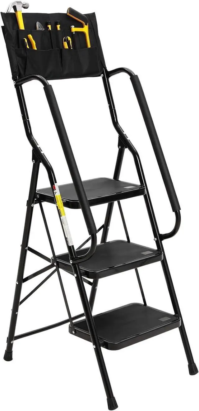 Main image of BOCOM 3 Step Ladder, Lightweight Portable Folding Sturdy Iron Step Stool with Handrails, Attachable Tool Bag, Anti-Slip Wide Pedal, Heavy Duty 350 lbs Capacity, for Home, Kitchen, Pantry, Office
