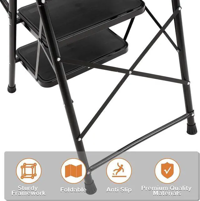 Alt view image 2 of 7 - BOCOM 3 Step Ladder, Lightweight Portable Folding Sturdy Iron Step Stool with Handrails, Attachable Tool Bag, Anti-Slip Wide Pedal, Heavy Duty 350 lbs Capacity, for Home, Kitchen, Pantry, Office