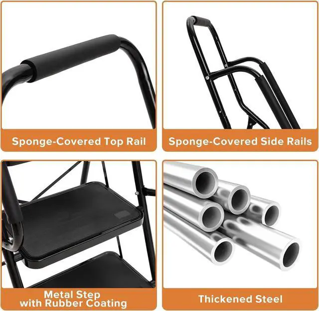 Alt view image 3 of 7 - BOCOM 3 Step Ladder, Lightweight Portable Folding Sturdy Iron Step Stool with Handrails, Attachable Tool Bag, Anti-Slip Wide Pedal, Heavy Duty 350 lbs Capacity, for Home, Kitchen, Pantry, Office