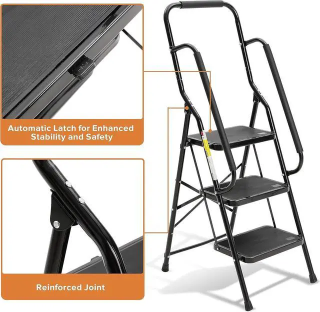 Alt view image 4 of 7 - BOCOM 3 Step Ladder, Lightweight Portable Folding Sturdy Iron Step Stool with Handrails, Attachable Tool Bag, Anti-Slip Wide Pedal, Heavy Duty 350 lbs Capacity, for Home, Kitchen, Pantry, Office