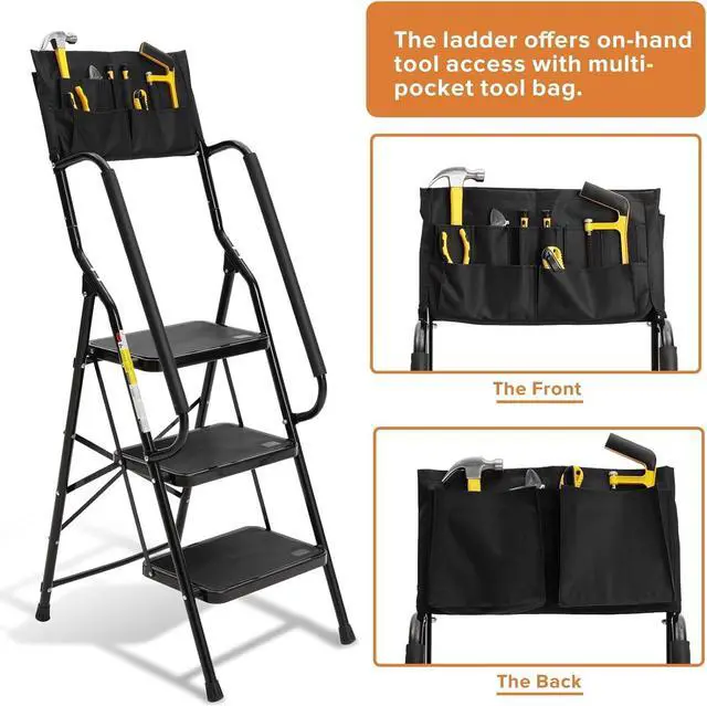 Alt view image 5 of 7 - BOCOM 3 Step Ladder, Lightweight Portable Folding Sturdy Iron Step Stool with Handrails, Attachable Tool Bag, Anti-Slip Wide Pedal, Heavy Duty 350 lbs Capacity, for Home, Kitchen, Pantry, Office