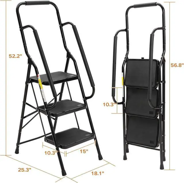 Alt view image 6 of 7 - BOCOM 3 Step Ladder, Lightweight Portable Folding Sturdy Iron Step Stool with Handrails, Attachable Tool Bag, Anti-Slip Wide Pedal, Heavy Duty 350 lbs Capacity, for Home, Kitchen, Pantry, Office