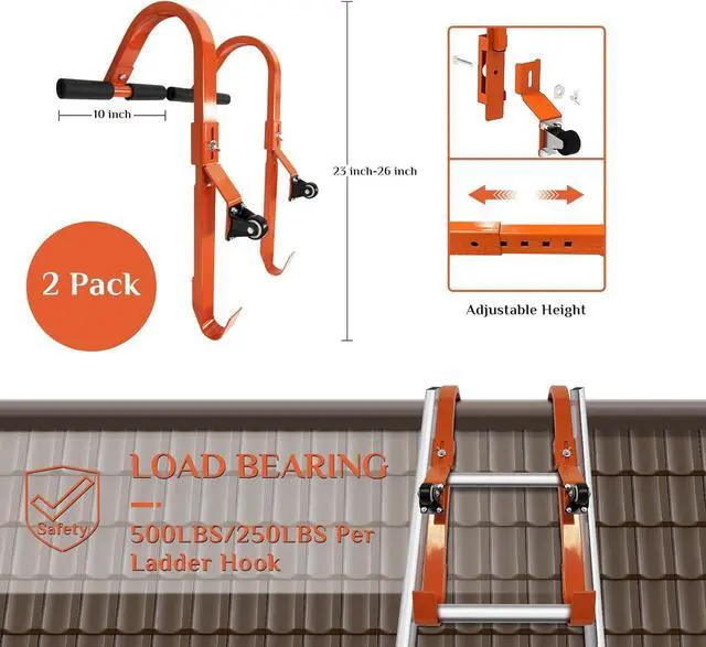 Alt view image 3 of 7 - 2 Pack 26"*10" Roof Ladder Hook, Ladder Stabilizer, Heavy Duty Steel 500 Lbs Weight Ratin, Roof Ridge Extension with Wheel for Safe and Easy Access