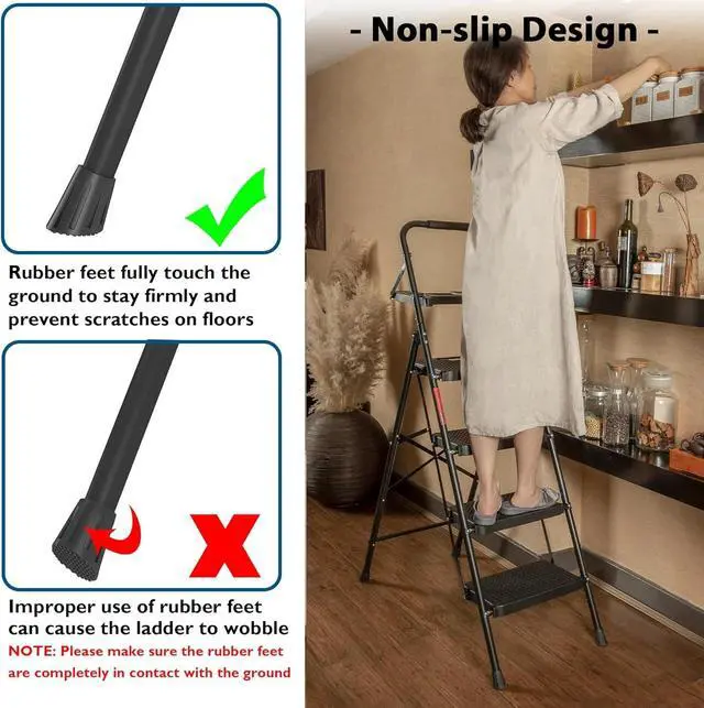 Alt view image 3 of 7 - BONTEC 4-Step Ladder, Folding Step Stool with Tool Platform, Wide Anti-Slip Pedals, Max Load Capacity 400lbs Sturdy Steel Ladder, Lightweight Portable Ladder, Tall Step Ladder for House Use, Black