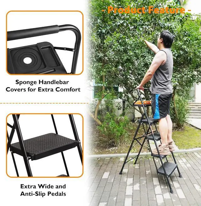 Alt view image 7 of 7 - BONTEC 4-Step Ladder, Folding Step Stool with Tool Platform, Wide Anti-Slip Pedals, Max Load Capacity 400lbs Sturdy Steel Ladder, Lightweight Portable Ladder, Tall Step Ladder for House Use, Black