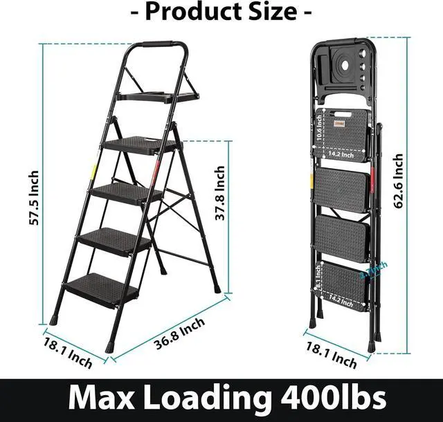 Alt view image 2 of 7 - BONTEC 4-Step Ladder, Folding Step Stool with Tool Platform, Wide Anti-Slip Pedals, Max Load Capacity 400lbs Sturdy Steel Ladder, Lightweight Portable Ladder, Tall Step Ladder for House Use, Black