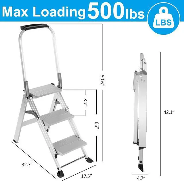Alt view image 2 of 7 - Yvan Step Ladder Pro with Tool Platform, Aluminum Folding 3 Step Stool with Non-Slip Wide Pedal, Rubber Feet, Lightweight Multi-use Ladder for Household and Office,500lbs Capacity
