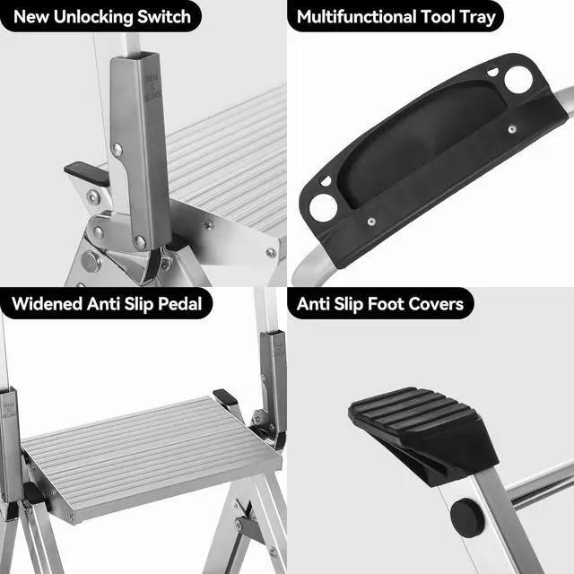 Alt view image 4 of 7 - Yvan Step Ladder Pro with Tool Platform, Aluminum Folding 3 Step Stool with Non-Slip Wide Pedal, Rubber Feet, Lightweight Multi-use Ladder for Household and Office,500lbs Capacity