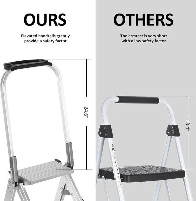 Alt view image 3 of 7 - Yvan Step Ladder Pro with Tool Platform, Aluminum Folding 3 Step Stool with Non-Slip Wide Pedal, Rubber Feet, Lightweight Multi-use Ladder for Household and Office,500lbs Capacity