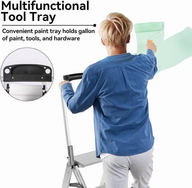 Alt view image 6 of 7 - Yvan Step Ladder Pro with Tool Platform, Aluminum Folding 3 Step Stool with Non-Slip Wide Pedal, Rubber Feet, Lightweight Multi-use Ladder for Household and Office,500lbs Capacity