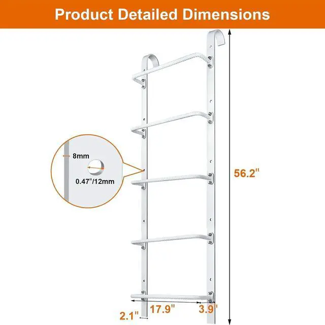 Alt view image 2 of 7 - 5-Rung Window Well Ladder Hooked, Heavy Duty Steel Fire Escape Ladder, Powder-Coated Basement Egress Window Ladder Wall Mounted Ladder 56.2" Lx17.9 W, White