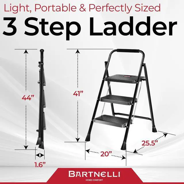 Alt view image 4 of 7 - Bartnelli Pro Luxury Step Ladder | European Made 3 Step Foldable Step Stool for Home | Rock-Solid 500 lb Capacity,Built to Last with Highest-Grade Sturdy Steel Construction,Soft Handle, Anti-Slip Feet