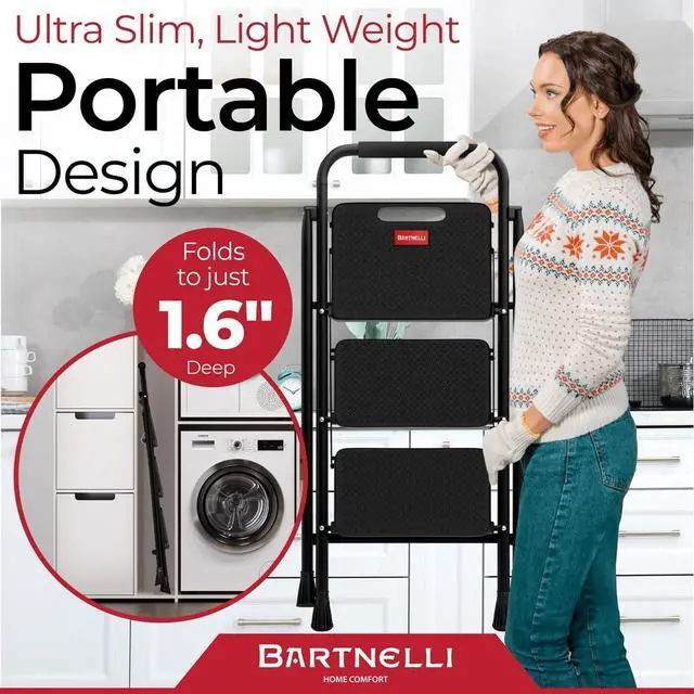 Alt view image 5 of 7 - Bartnelli Pro Luxury Step Ladder | European Made 3 Step Foldable Step Stool for Home | Rock-Solid 500 lb Capacity,Built to Last with Highest-Grade Sturdy Steel Construction,Soft Handle, Anti-Slip Feet