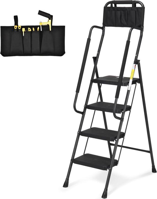 Step top Ladder 2 Step Folding, Decorative - Beautiful Bamboo & Black Aluminum, Ligh