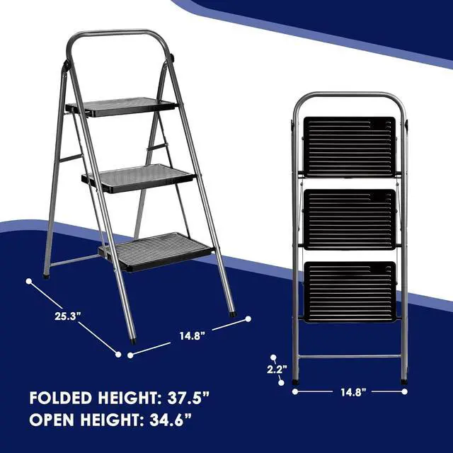 Alt view image 2 of 7 - Delxo 3 Step Ladder Folding Step Stool Anti-Slip with Wide Pedal Handrail,Heavy Duty Sturdy Safe Steel Small Ladder for Kitchen Closet,Portable Collapsible Foldable Compact Step Stool for Adults Grey