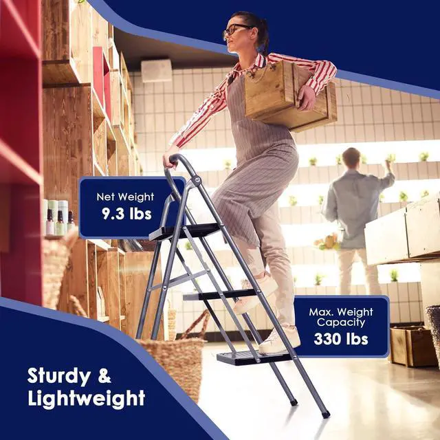 Alt view image 3 of 7 - Delxo 3 Step Ladder Folding Step Stool Anti-Slip with Wide Pedal Handrail,Heavy Duty Sturdy Safe Steel Small Ladder for Kitchen Closet,Portable Collapsible Foldable Compact Step Stool for Adults Grey