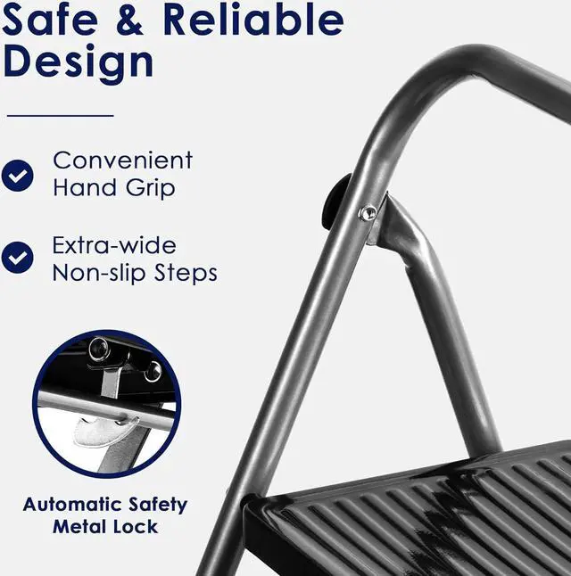 Alt view image 4 of 7 - Delxo 3 Step Ladder Folding Step Stool Anti-Slip with Wide Pedal Handrail,Heavy Duty Sturdy Safe Steel Small Ladder for Kitchen Closet,Portable Collapsible Foldable Compact Step Stool for Adults Grey