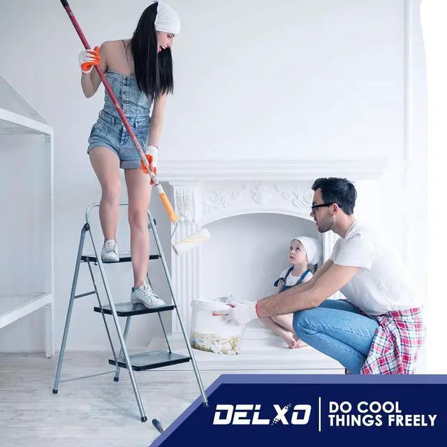 Alt view image 5 of 7 - Delxo 3 Step Ladder Folding Step Stool Anti-Slip with Wide Pedal Handrail,Heavy Duty Sturdy Safe Steel Small Ladder for Kitchen Closet,Portable Collapsible Foldable Compact Step Stool for Adults Grey