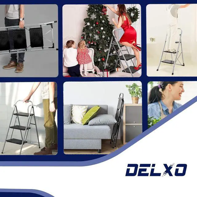 Alt view image 6 of 7 - Delxo 3 Step Ladder Folding Step Stool Anti-Slip with Wide Pedal Handrail,Heavy Duty Sturdy Safe Steel Small Ladder for Kitchen Closet,Portable Collapsible Foldable Compact Step Stool for Adults Grey