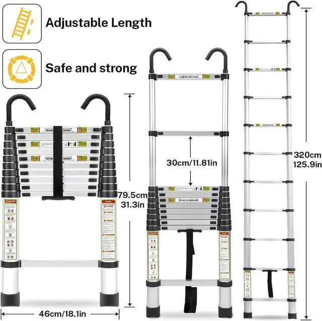 Alt view image 2 of 7 - Telescopic Ladder, 10.5FT RIKADE Aluminum Telescoping Ladder with Non-Slip Feet and Stable Hook, Portable Extension Ladder for Household and Outdoor Working, 330lb Capacity