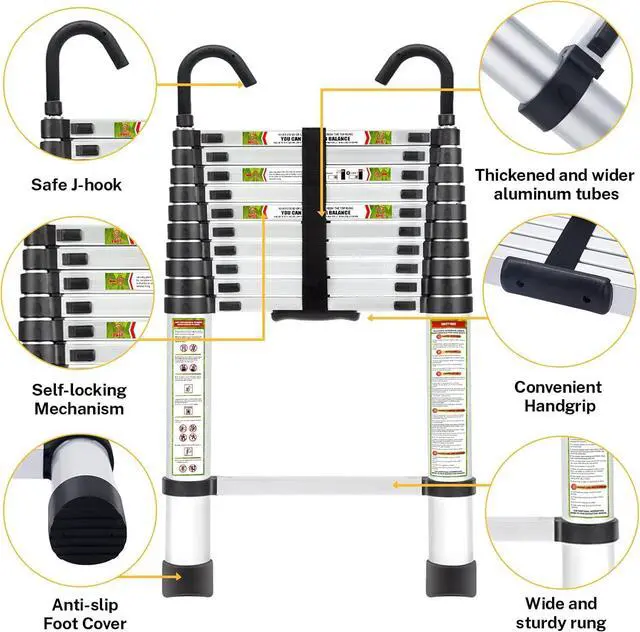 Alt view image 3 of 7 - Telescopic Ladder, 10.5FT RIKADE Aluminum Telescoping Ladder with Non-Slip Feet and Stable Hook, Portable Extension Ladder for Household and Outdoor Working, 330lb Capacity