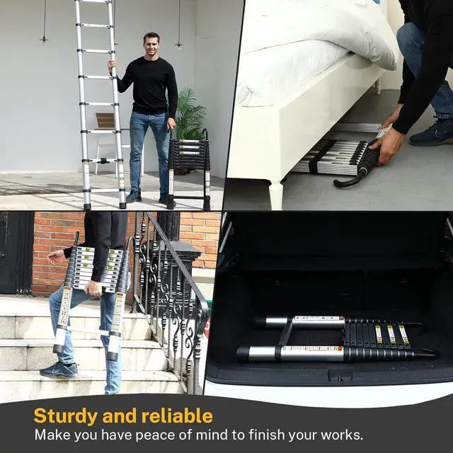Alt view image 6 of 7 - Telescopic Ladder, 10.5FT RIKADE Aluminum Telescoping Ladder with Non-Slip Feet and Stable Hook, Portable Extension Ladder for Household and Outdoor Working, 330lb Capacity