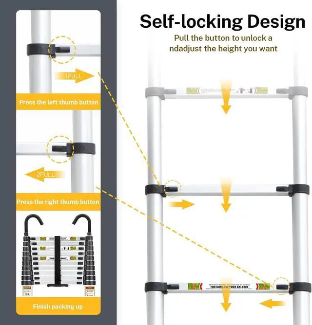 Alt view image 5 of 7 - Telescopic Ladder, 10.5FT RIKADE Aluminum Telescoping Ladder with Non-Slip Feet and Stable Hook, Portable Extension Ladder for Household and Outdoor Working, 330lb Capacity