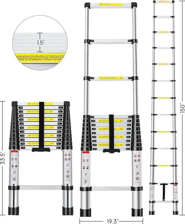 Alt view image 2 of 6 - Telescoping Ladder, 12.5FT Aluminum Extension Ladder with 2 Replacement of Non-Slip Rubber Cover, 330 lb. Load Capacity, Collapsible Telescopic Ladder Portable Multi-Purpose for Indoor Outdoor