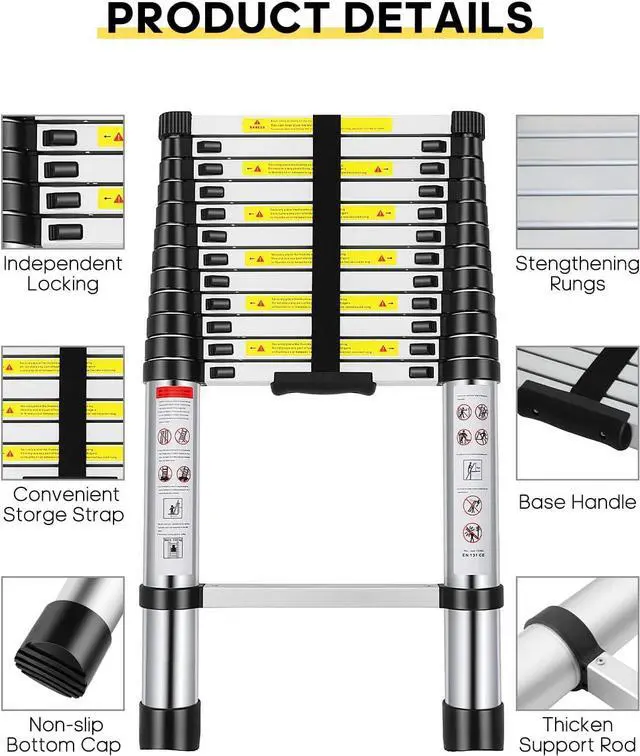 Alt view image 3 of 6 - Telescoping Ladder, 12.5FT Aluminum Extension Ladder with 2 Replacement of Non-Slip Rubber Cover, 330 lb. Load Capacity, Collapsible Telescopic Ladder Portable Multi-Purpose for Indoor Outdoor