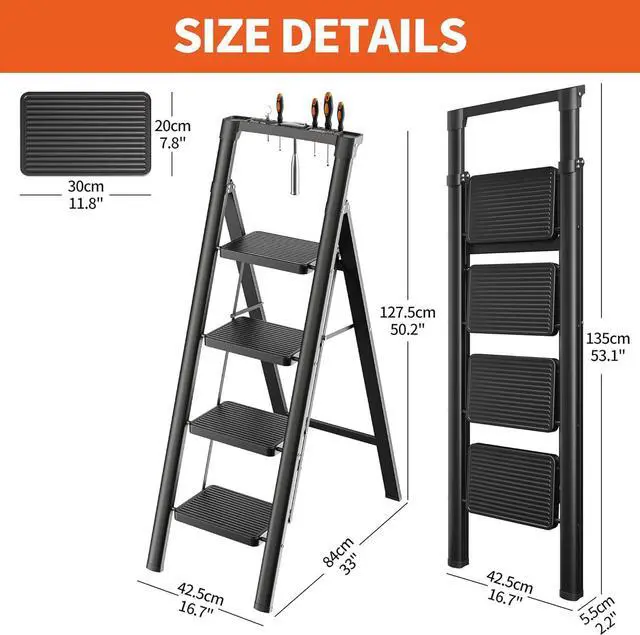 Alt view image 7 of 7 - JOISCOPE 4 Step Ladder, Folding Step Stool with Tool Platform, 600lbs Portable Sturdy Steel Ladder with Wide Anti-Slip Pedal, Lightweight, Convenient Handgrip, Ergonomic Design, Black