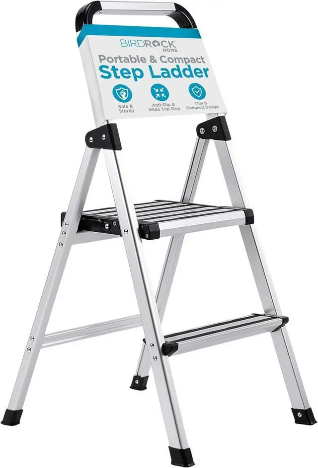 Main image of BIRDROCK HOME 2-Step Aluminum Step Ladder - Lightweight Foldable Stepladder with Wide Non-Slip Steps - Ideal for Kitchen, Pantry, Closets, and Home Office - Space-Saving Design - Indoor Use - Silver