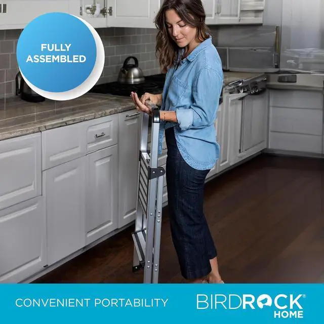 Alt view image 2 of 6 - BIRDROCK HOME 2-Step Aluminum Step Ladder - Lightweight Foldable Stepladder with Wide Non-Slip Steps - Ideal for Kitchen, Pantry, Closets, and Home Office - Space-Saving Design - Indoor Use - Silver