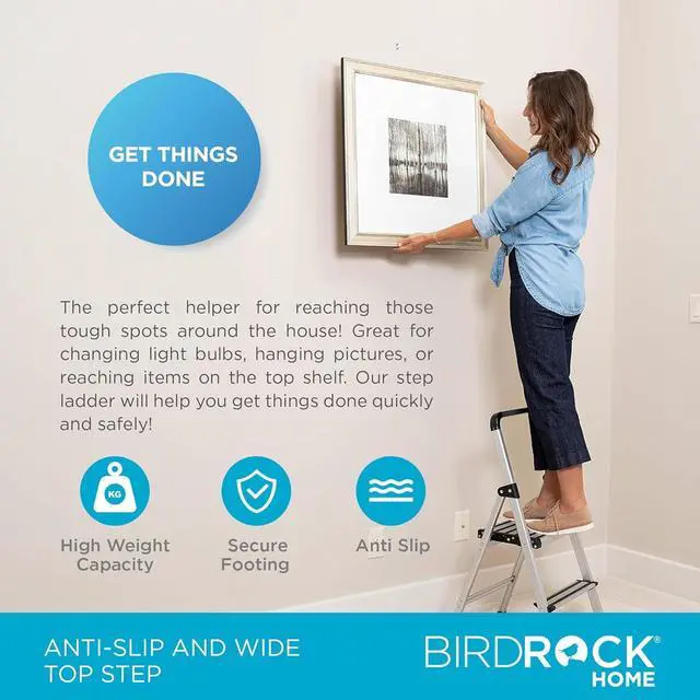 Alt view image 3 of 6 - BIRDROCK HOME 2-Step Aluminum Step Ladder - Lightweight Foldable Stepladder with Wide Non-Slip Steps - Ideal for Kitchen, Pantry, Closets, and Home Office - Space-Saving Design - Indoor Use - Silver
