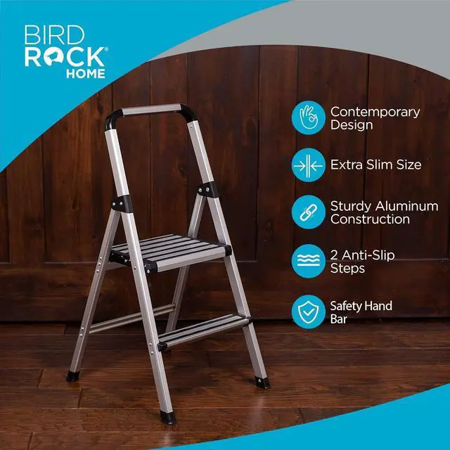 Alt view image 4 of 6 - BIRDROCK HOME 2-Step Aluminum Step Ladder - Lightweight Foldable Stepladder with Wide Non-Slip Steps - Ideal for Kitchen, Pantry, Closets, and Home Office - Space-Saving Design - Indoor Use - Silver