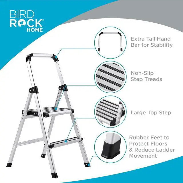 Alt view image 5 of 6 - BIRDROCK HOME 2-Step Aluminum Step Ladder - Lightweight Foldable Stepladder with Wide Non-Slip Steps - Ideal for Kitchen, Pantry, Closets, and Home Office - Space-Saving Design - Indoor Use - Silver