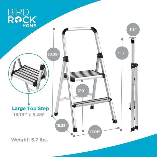 Alt view image 6 of 6 - BIRDROCK HOME 2-Step Aluminum Step Ladder - Lightweight Foldable Stepladder with Wide Non-Slip Steps - Ideal for Kitchen, Pantry, Closets, and Home Office - Space-Saving Design - Indoor Use - Silver