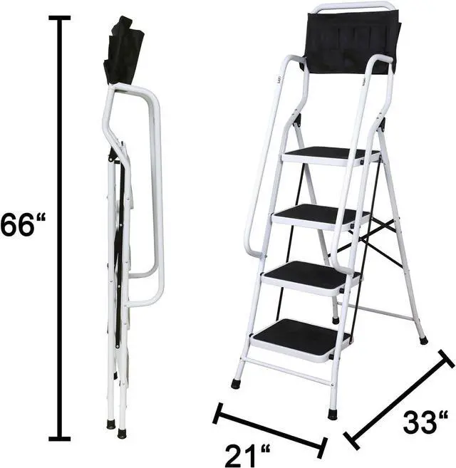 Alt view image 2 of 7 - SUPPORT PLUS 4 Step Ladder Folding Step Stool with Handrail & Ladder Tool Couch - Folding Safety Step Ladders for Seniors, 300 Pound Capactiy Heavy Duty Step Ladder