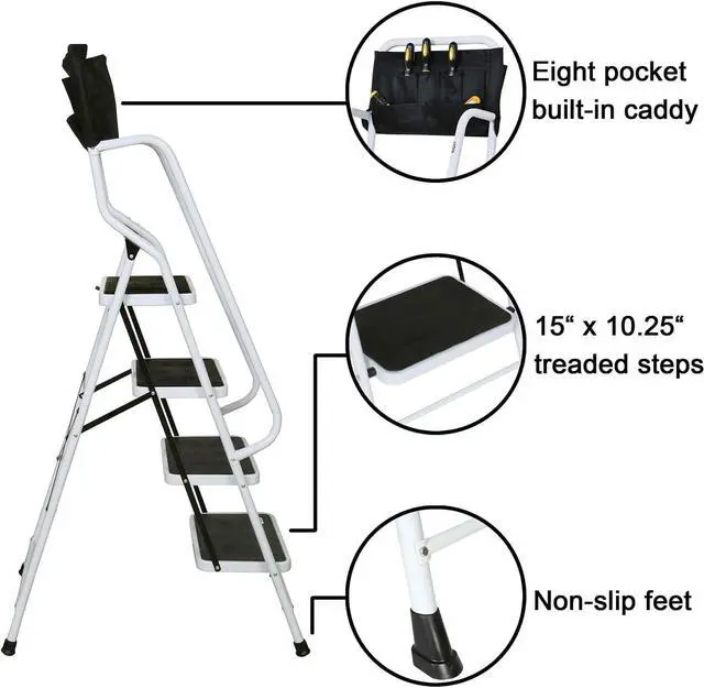 Alt view image 3 of 7 - SUPPORT PLUS 4 Step Ladder Folding Step Stool with Handrail & Ladder Tool Couch - Folding Safety Step Ladders for Seniors, 300 Pound Capactiy Heavy Duty Step Ladder