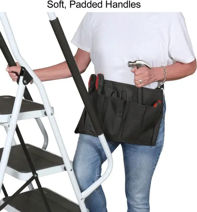 Alt view image 4 of 7 - SUPPORT PLUS 4 Step Ladder Folding Step Stool with Handrail & Ladder Tool Couch - Folding Safety Step Ladders for Seniors, 300 Pound Capactiy Heavy Duty Step Ladder