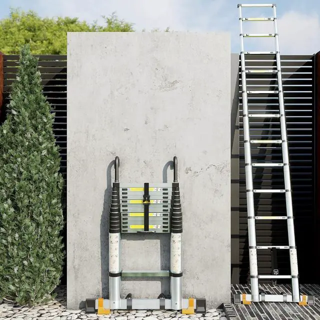 Alt view image 2 of 7 - Folding Telescoping Ladder 12.5 FT, Aluminum Extendable Ladder with 2 Detachable Hooks, Retractable Telescopic Extension Ladder for Indoor Or Outdoor, Lightweigh Collapsible Telescoping Ladders