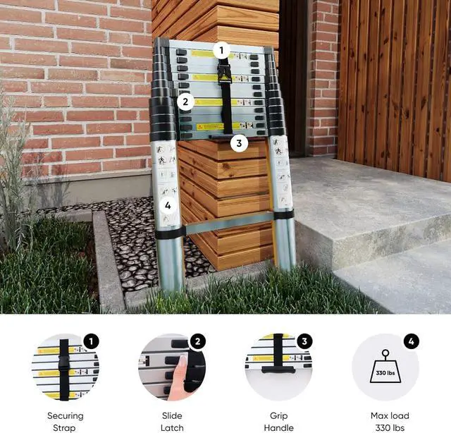 Alt view image 3 of 7 - Folding Telescoping Ladder 12.5 FT, Aluminum Extendable Ladder with 2 Detachable Hooks, Retractable Telescopic Extension Ladder for Indoor Or Outdoor, Lightweigh Collapsible Telescoping Ladders