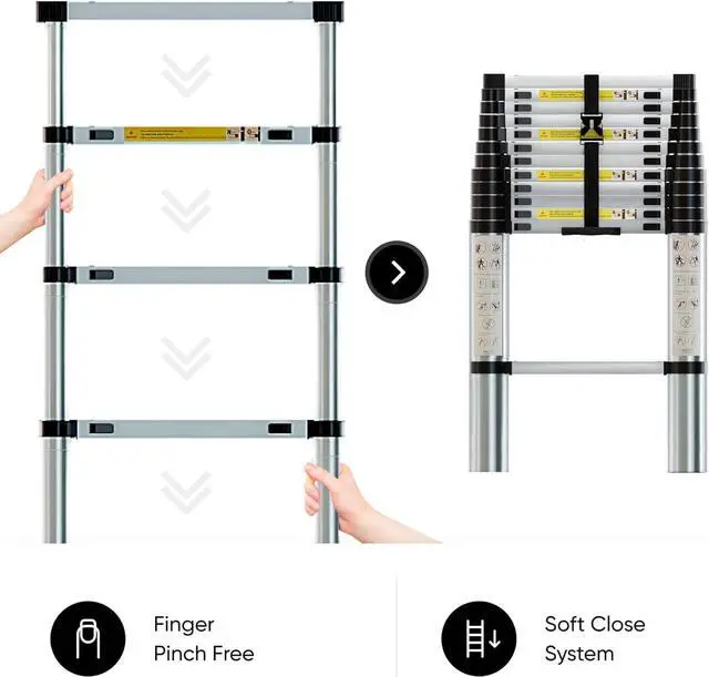 Alt view image 6 of 7 - Folding Telescoping Ladder 12.5 FT, Aluminum Extendable Ladder with 2 Detachable Hooks, Retractable Telescopic Extension Ladder for Indoor Or Outdoor, Lightweigh Collapsible Telescoping Ladders