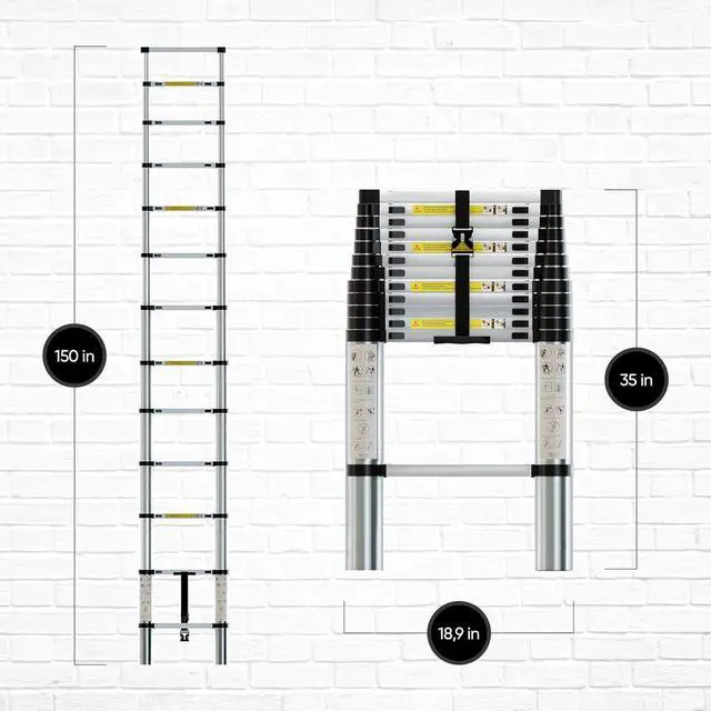 Alt view image 7 of 7 - Folding Telescoping Ladder 12.5 FT, Aluminum Extendable Ladder with 2 Detachable Hooks, Retractable Telescopic Extension Ladder for Indoor Or Outdoor, Lightweigh Collapsible Telescoping Ladders