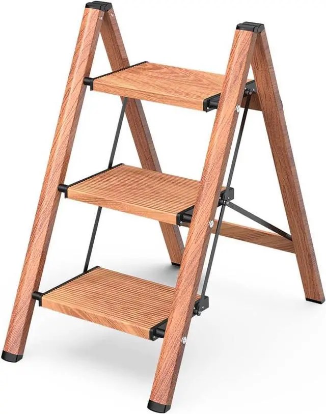 Main image of GameGem 3 Step Ladder, Aluminum Folding Step Stool with Anti-Slip Sturdy and Wide Pedal, Lightweight Portable Stepladder for Home and Kitchen Use Space Saving, Woodgrain, 330 lbs