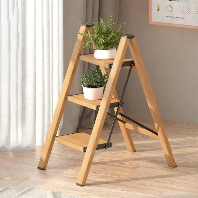 Alt view image 3 of 6 - GameGem 3 Step Ladder, Aluminum Folding Step Stool with Anti-Slip Sturdy and Wide Pedal, Lightweight Portable Stepladder for Home and Kitchen Use Space Saving, Woodgrain, 330 lbs