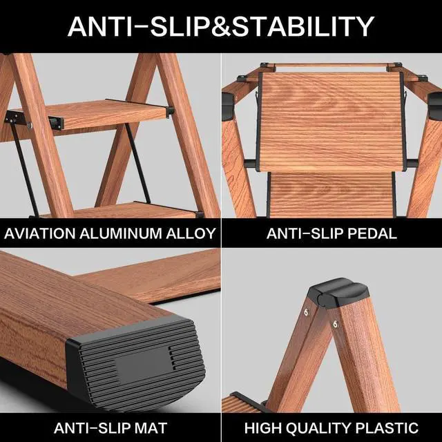 Alt view image 4 of 6 - GameGem 3 Step Ladder, Aluminum Folding Step Stool with Anti-Slip Sturdy and Wide Pedal, Lightweight Portable Stepladder for Home and Kitchen Use Space Saving, Woodgrain, 330 lbs