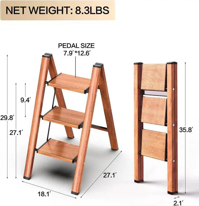 Alt view image 6 of 6 - GameGem 3 Step Ladder, Aluminum Folding Step Stool with Anti-Slip Sturdy and Wide Pedal, Lightweight Portable Stepladder for Home and Kitchen Use Space Saving, Woodgrain, 330 lbs