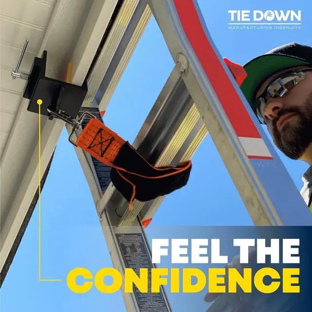 Alt view image 4 of 5 - Tie Down Ladder Stability Anchor System | Stabilizer Kit for Ladders w/3Ft Strap | Fits-Connects-Clicks in Seconds | Safety Device for Roofing/Gutters/Etc | Protection Device